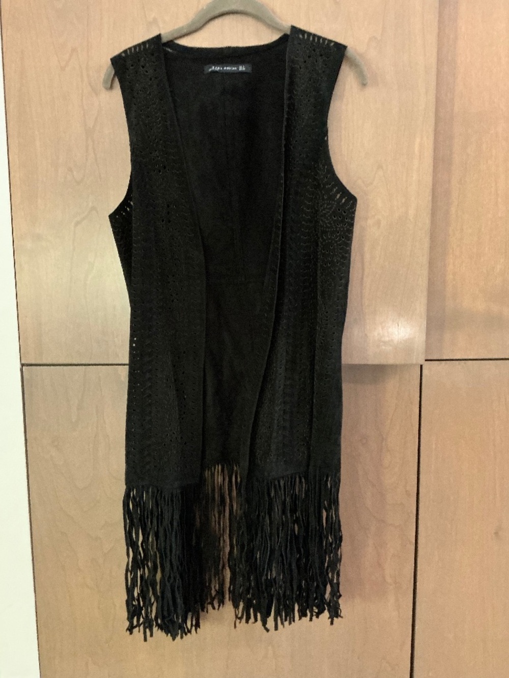 Zara Laser Cut Fringe Vest Black Sleeveless Open Front Boho